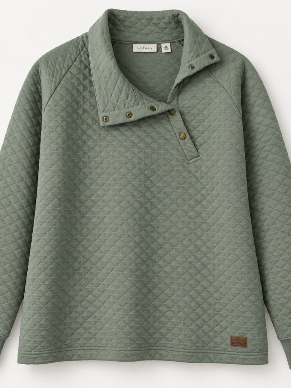 L.L.Bean 2X Plus Sage Green Quilted Pullover Snap Funnel Neck Cozy Cottage